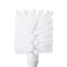 Bottle cleaning brush bristle head with dense white fibers on short handle