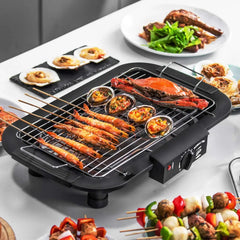 LASIEYO Electric Smokeless Grill, Non-Stick BBQ Grill Indoor Outdoor Barbecue Grill, Adjustable Temperature Control High Power Portable Removable Stand Grill for Cooking BBQ Party, Black