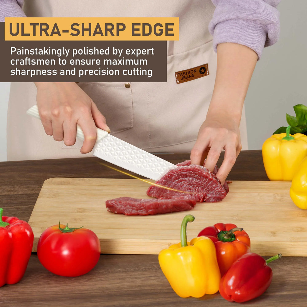 Vesteel Kitchen Knife Set of 7, Professional Stainless Steel Knives Set for Kitchen with Universal Knife Block - Khaki - USA MEGA SHOP