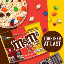 M&M's Classic Mix sharing size bag with assorted chocolate candy pieces around