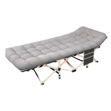 Gray quilted folding camping cot with padded mattress and cross-braced frame