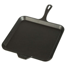 Pre-seasoned square cast iron griddle with side handle, dark seasoned surface
