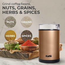 Electric coffee grinder in copper with clear lid, shown beside coffee spices