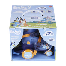 Kids trainer roller skates, light blue with yellow wheels and character graphics