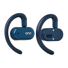 Blue wireless open-ear earphones, two earbuds with adjustable ear hooks