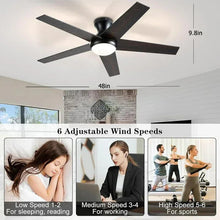 Low-profile ceiling fan with LED light, black blades and dark motor housing