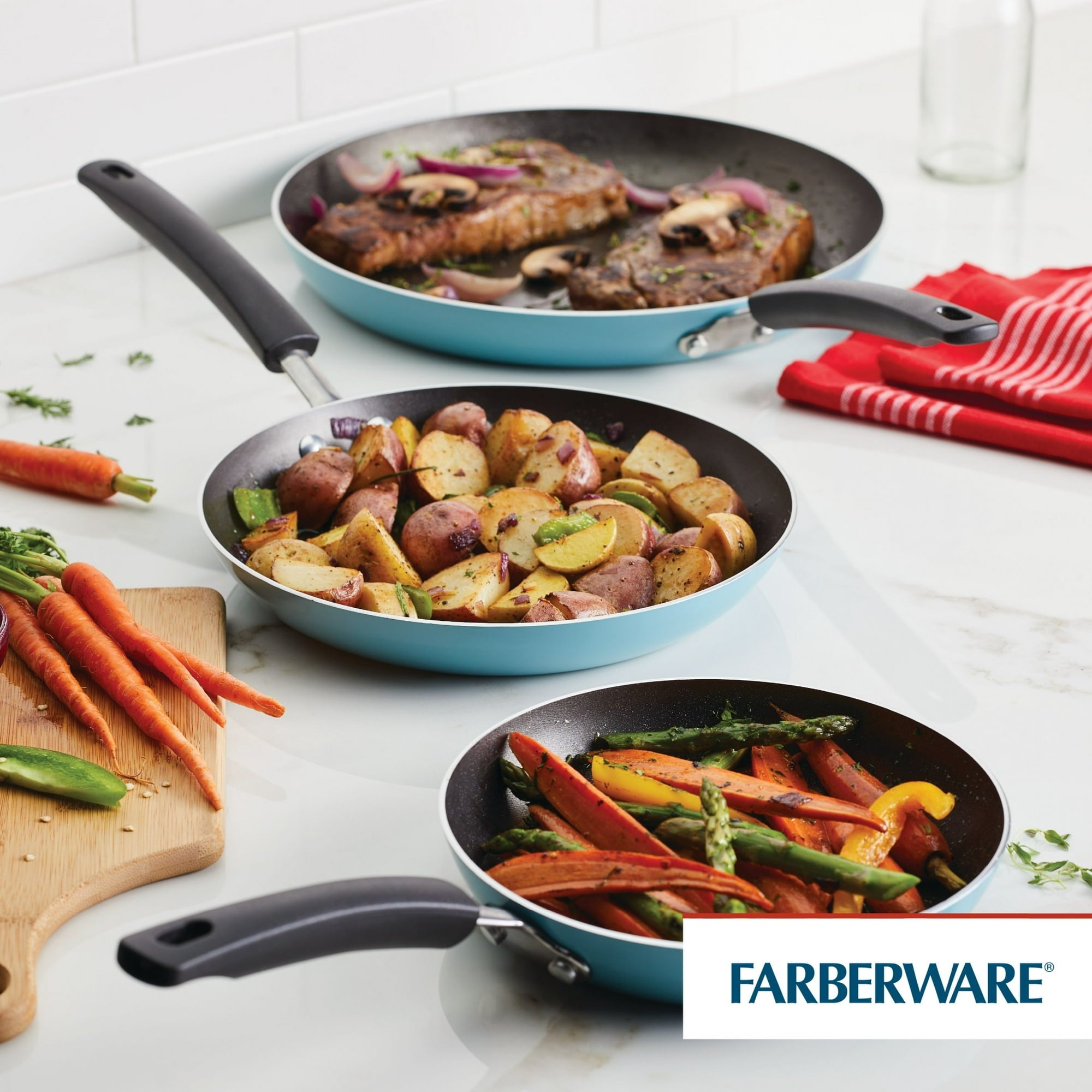 Farberware Easy Clean 3 Pcs Nonstick Frying Pan Set, Dishwasher Safe, 8 Inch, 9.75 Inch, 12 Inch, Aqua