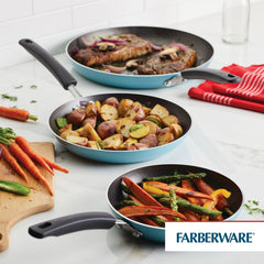 Farberware Easy Clean 3 Pcs Nonstick Frying Pan Set, Dishwasher Safe, 8 Inch, 9.75 Inch, 12 Inch, Aqua