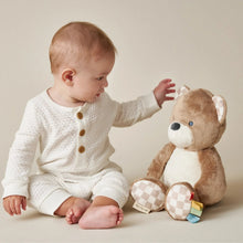 Plush bear beside baby, brown-and-white body with checkered padded hands