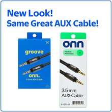 onn 3.5 mm AUX cable packaging showing 8 ft braided black cable with dual 3.5 mm plugs