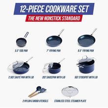Blue Diamond 12-piece ceramic nonstick cookware set layout with blue frying and sauce pans