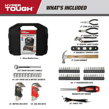 Illustrated tool set contents with pliers, hammer, level, sockets, and screwdriver bits