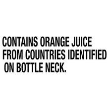 Orange juice label text: Contains orange juice from countries identified on bottle neck.