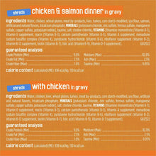 Ingredients and guaranteed analysis panel for chicken & salmon dinner in gravy wet cat food