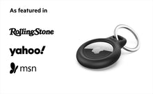 Black AirTag holder with silver key ring loop