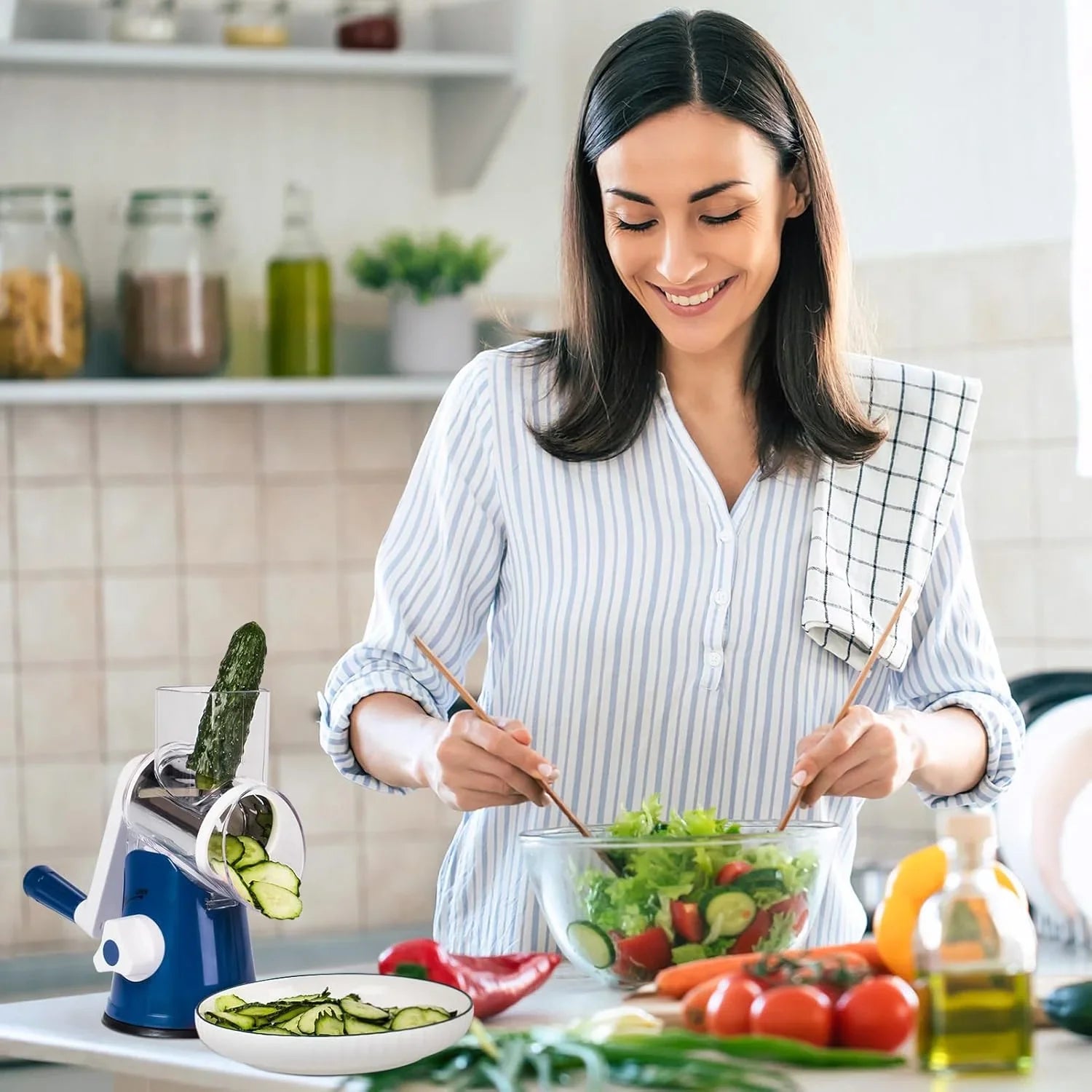 3 in 1 Cheese Grater Rotary, Cheese Shredder Grater for Kitchen Grater Slicer with 3 Replacement Blades, Potato Slicer Vegetable Chopper with Suction Base