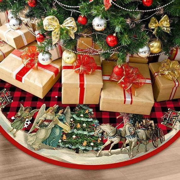 Christmas Tree Skirt, New Year Xmas Deco, 48 Inches Large Christmas Tree Skirts Snowflake Red and Black Plaid Stamp for Christmas Tree Decorations - USA MEGA SHOP