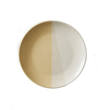 Stoneware dinner plate, speckled yellow and cream two-tone stripe glaze