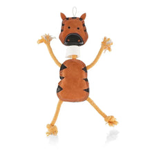 Orange-brown rope chew toy with plush animal head and body, knotted rope ends