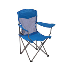 Blue mesh camping chair with padded backrest and wide armrests