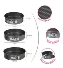 Set of 3 round nonstick springform cake pans with textured dark base and latch closures