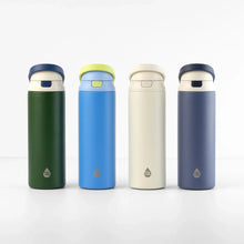 Assorted stainless steel 2-in-1 water bottles with push lids, including green and blue