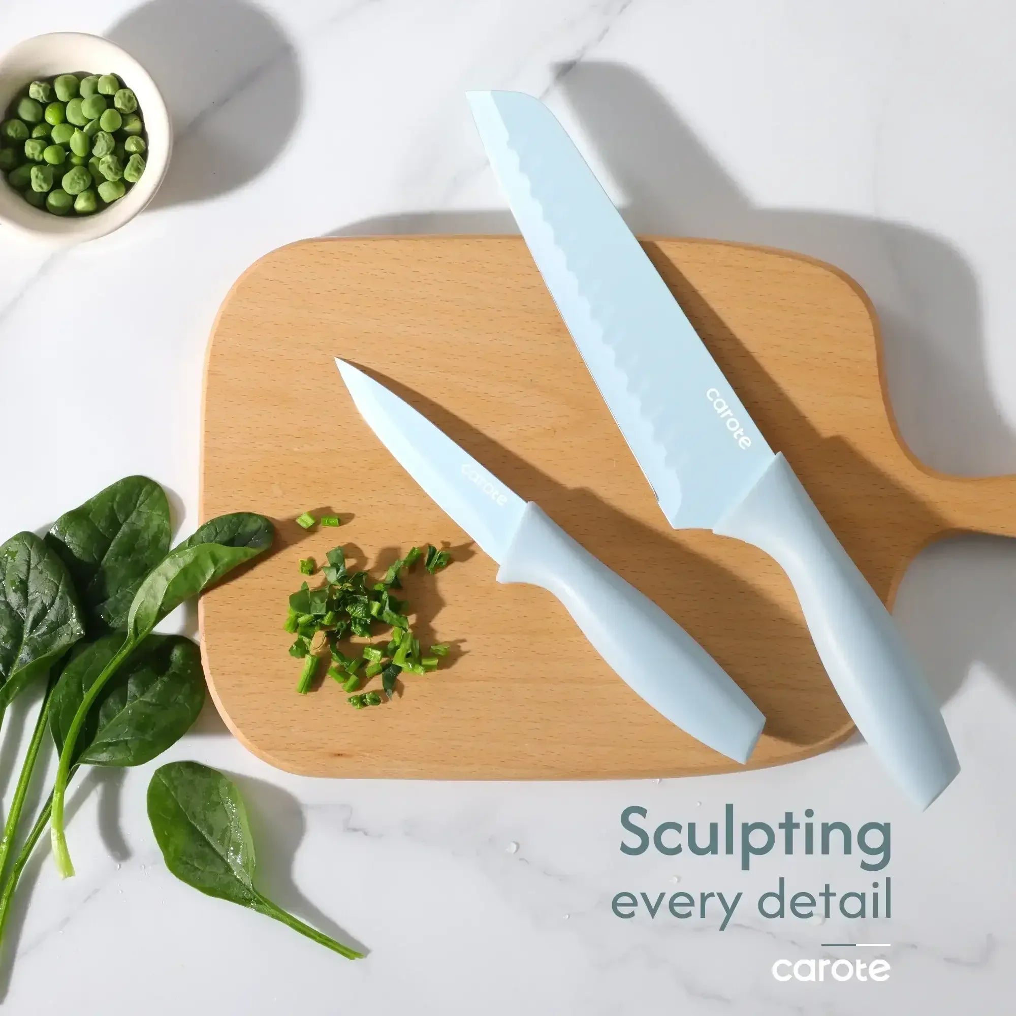 Carote 15-Piece Premium Kitchen Knife Set, Ceramic-Coated Blades with Stylish Wooden Block