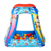 Inflatable Paw Patrol ball pit with open front and colorful balls inside