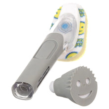 Dish wand with gray handle and yellow sponge refill head, side view
