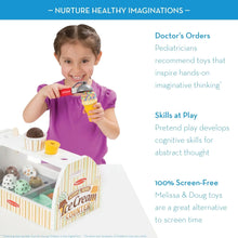 Wooden ice cream counter playset with pretend treats shown beside a skills graphic panel