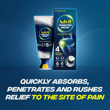 Pain relieving cream tube and retail box, shown side by side