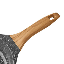 Charcoal speckled 8-inch fry pan with wooden handle, angled view