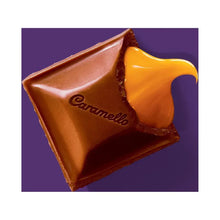 Caramello mini chocolate caramel-filled pieces, one open with golden filling