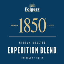 Folgers 1850 Expedition Blend medium roast coffee, front label close-up