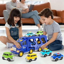 Blue city truck carrier toy on floor with small cars around it, including green and taxi