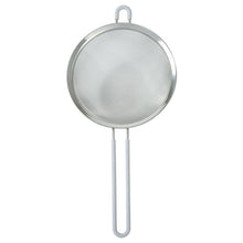 Silver fine mesh stainless steel strainer with long legs and loop handle