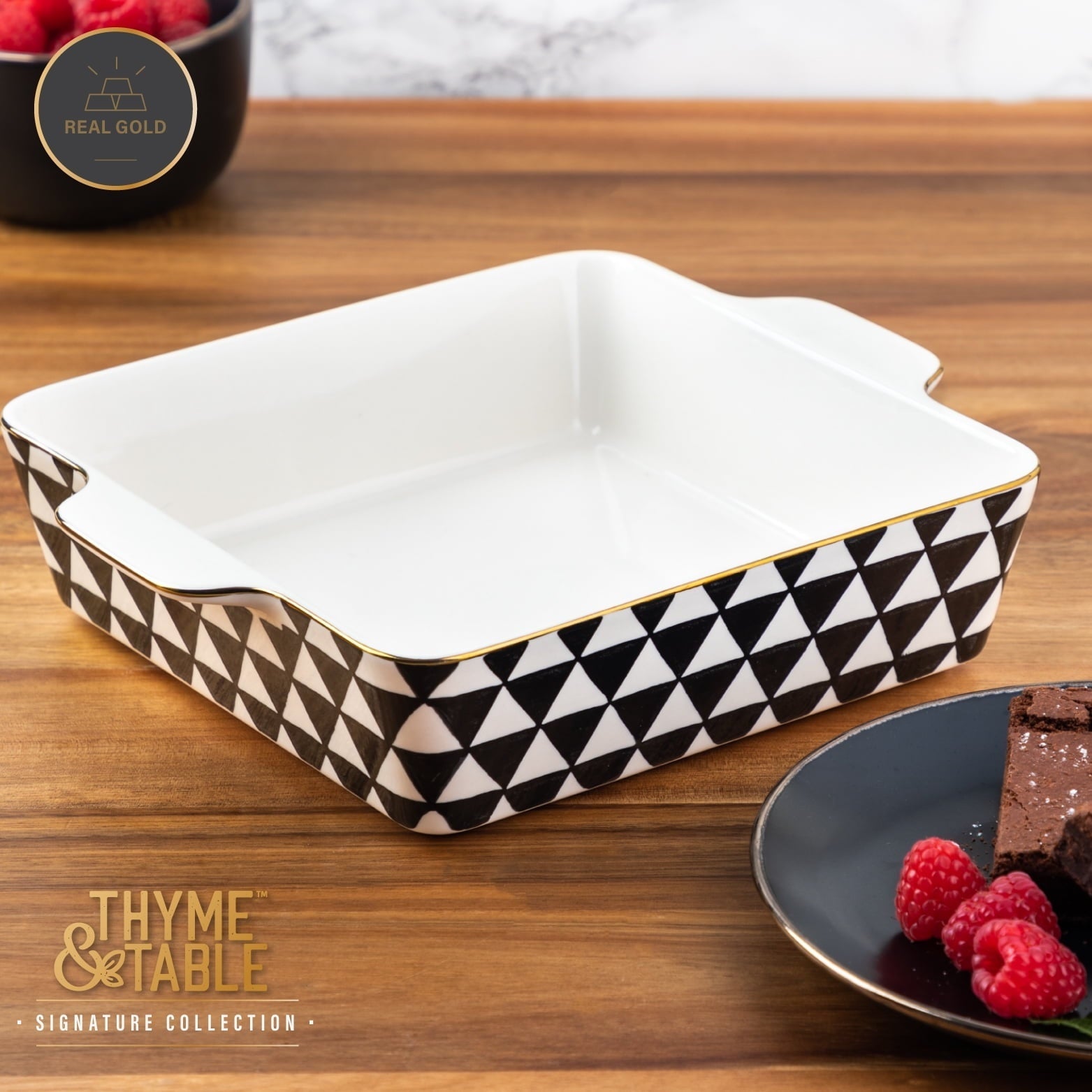 Thyme & Table 8" Square Ceramic Baker - Black & White Medallion