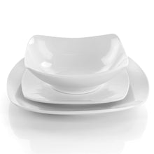 White square porcelain dinnerware set: three-piece stack of bowl and plates