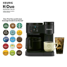 Black Keurig dual coffee maker with mug and carafe, shown with pod cup area