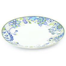 Porcelain dinner plate with blue and green scalloped floral paisley rim