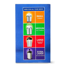 Drawstring bag size chart panel with small, medium, large and extra-large options