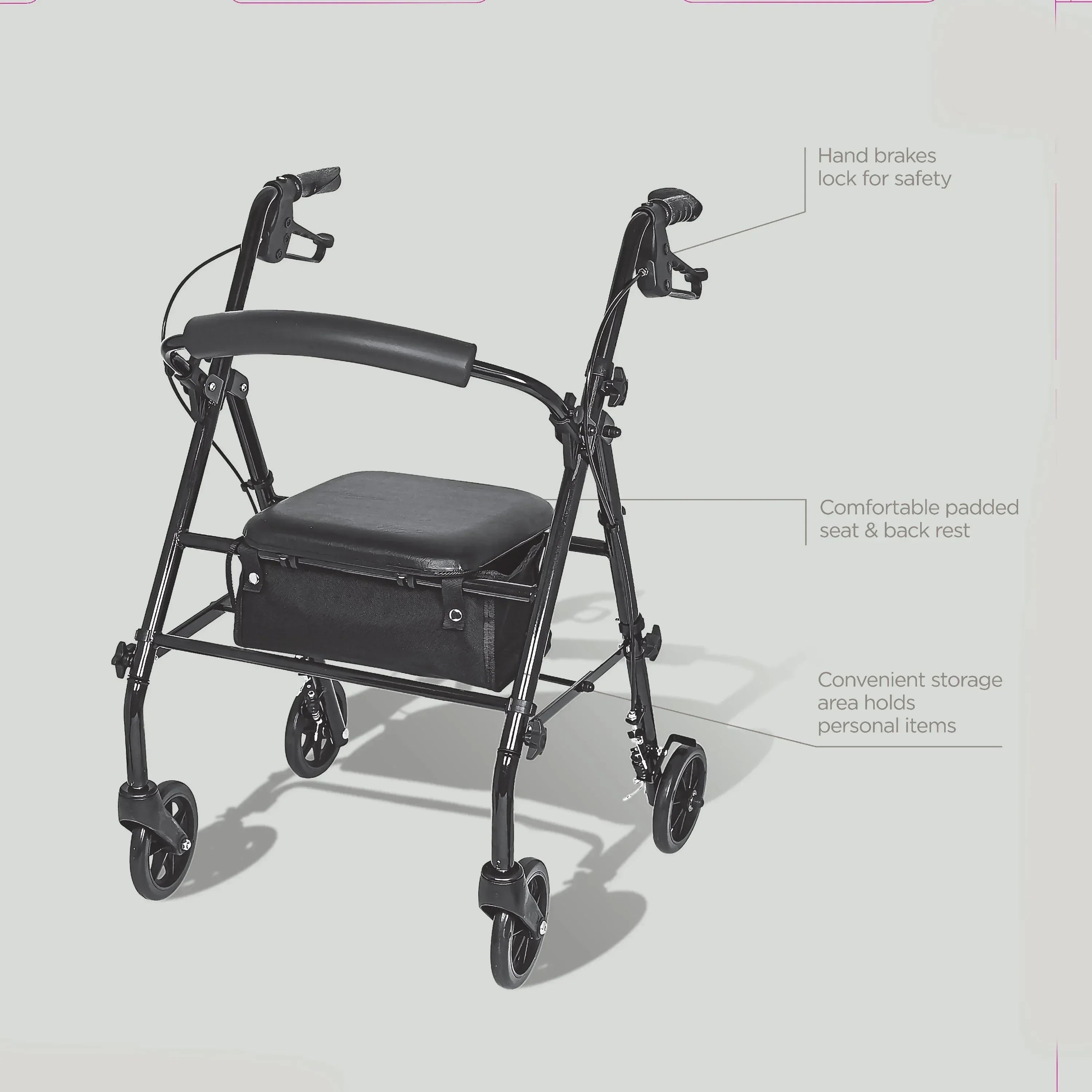 Equate Rolling Walker for Seniors, Rollator with Seat and Wheels, Black, 350 lb Capacity