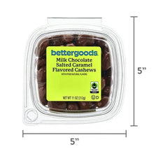 bettergoods milk chocolate salted caramel cashews, front view in clear 11 oz tub