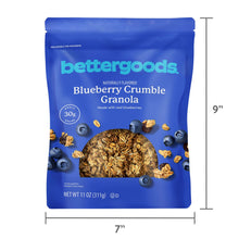 Blueberry crumble granola pouch with bettergoods logo and size measurement marks