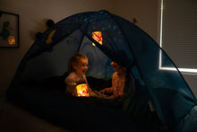 Child firefly bed tent with blue interior glow and dome window, two kids inside