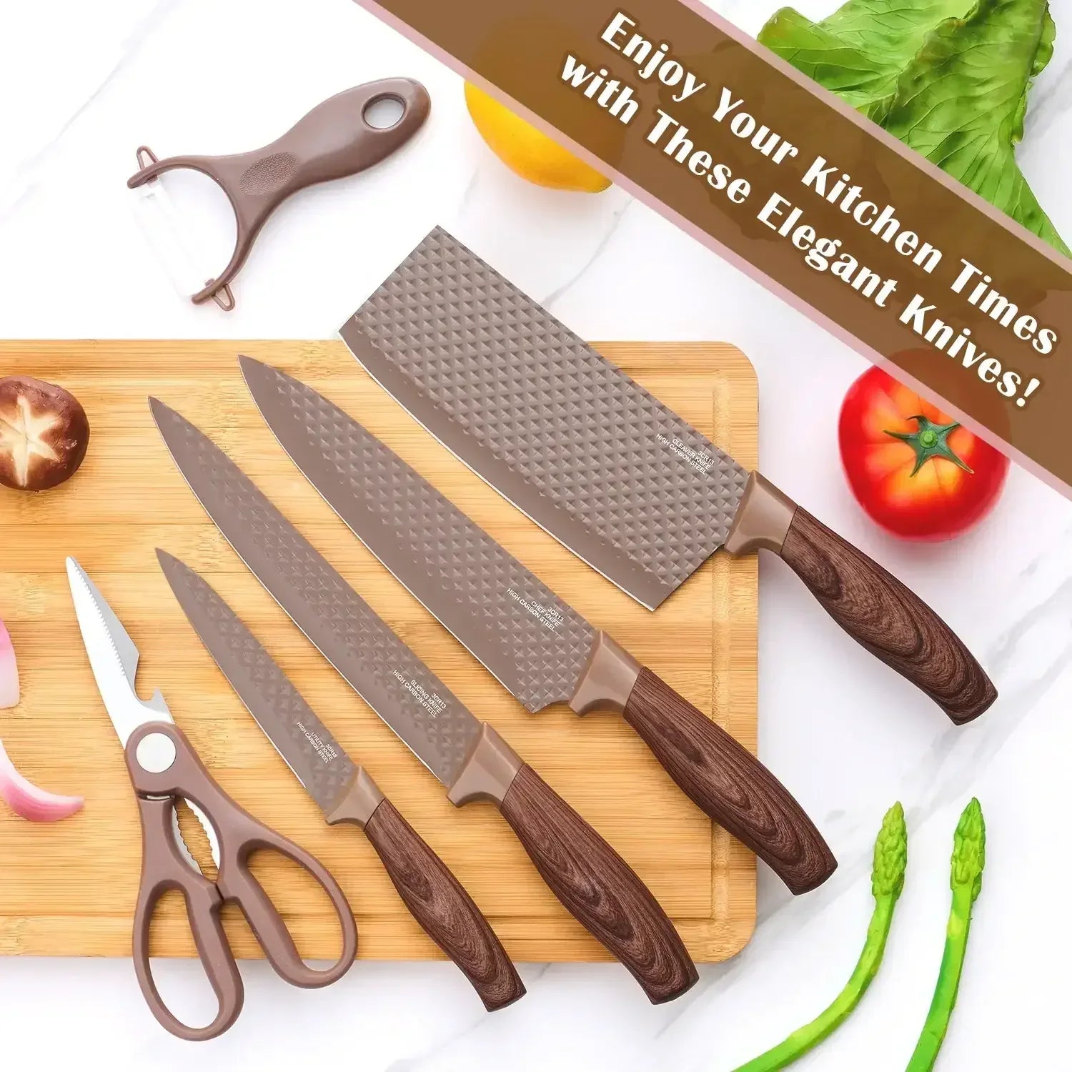 Vesteel Kitchen Knife Set of 7, Professional Stainless Steel Knives Set for Kitchen with Universal Knife Block - Khaki