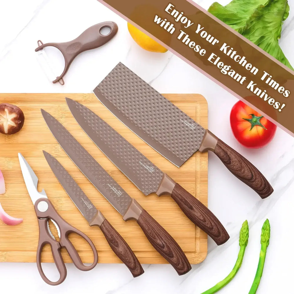 Vesteel Kitchen Knife Set of 7, Professional Stainless Steel Knives Set for Kitchen with Universal Knife Block - Khaki - USA MEGA SHOP