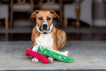 Plush loofa dog toys with snowflake print, red and green