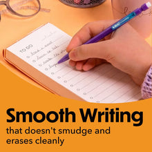 Purple BIC mechanical pencil writing on lined notebook