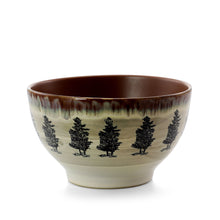 Taupe stoneware bowl with black pine tree row and glossy brown rim